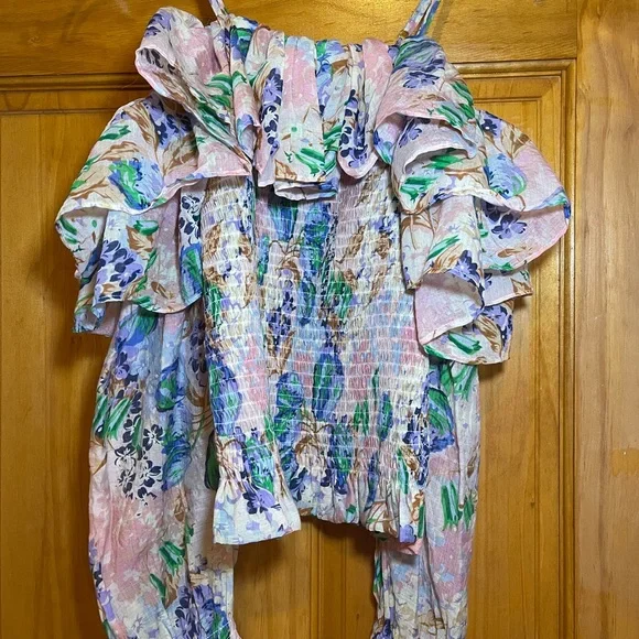 Gracia White, Blue, Print, Ruffled Long Sleeve Blouse, 70% Rayon, 30% Nylon - Picture 6 of 10